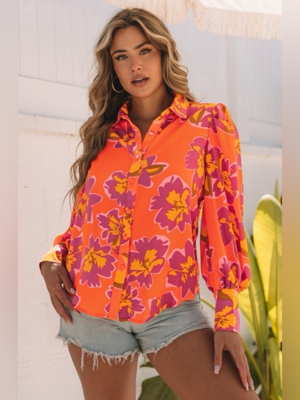 NWT Women's Orange Floral Print Lantern Sleeve Shirt sz M